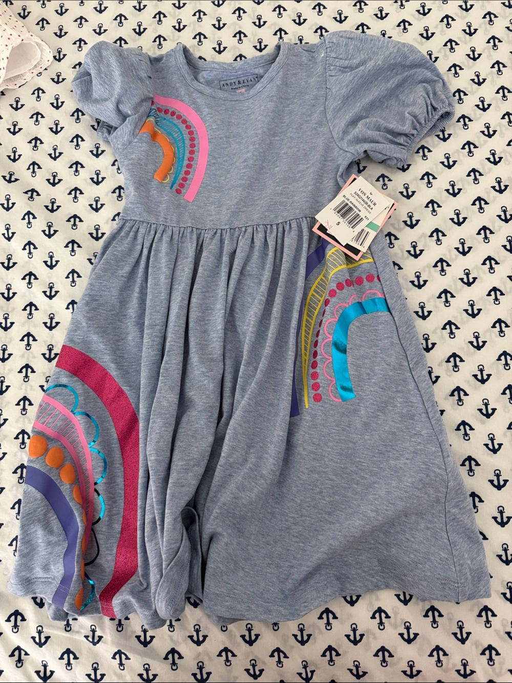 Andy & Evan Heather Blue Rainbow Accent Puff Sleeve Dress
